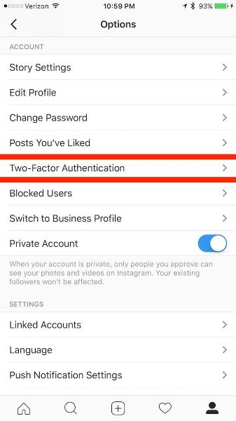 instagram’s two-factor authentication